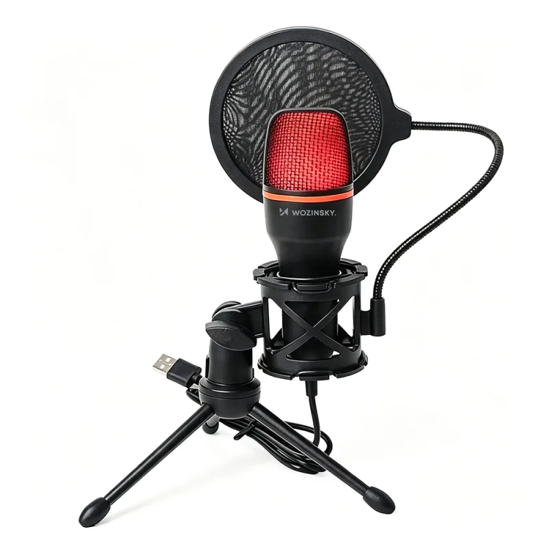 Herný USB počítačový mikrofón Wozinsky Studio s RGB stojanom - čierny