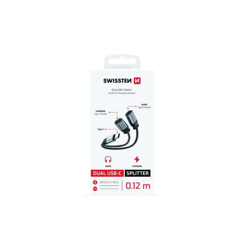 SWISSTEN NABÍJECÍ AUDIO ADAPTÉR TEXTILE USB-C (samec) / 2x USB-C (samice) 0,12 M ČERNÝ (73502302)