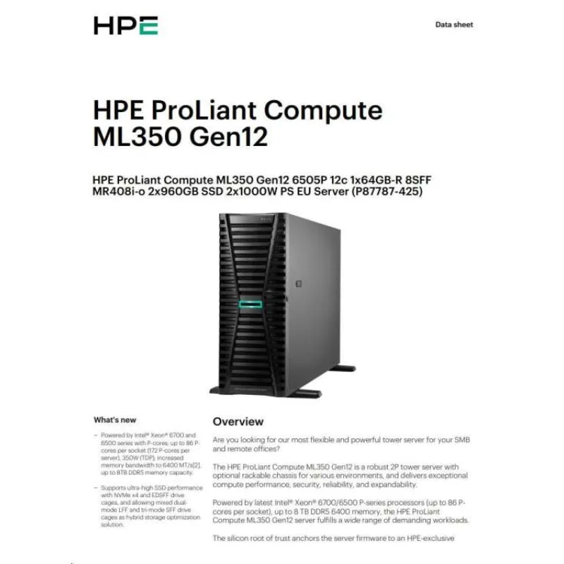 HPE ML350 G12 6505P, 32 GB, 2 x 4 TB SATA, MR408 (P89974-425)