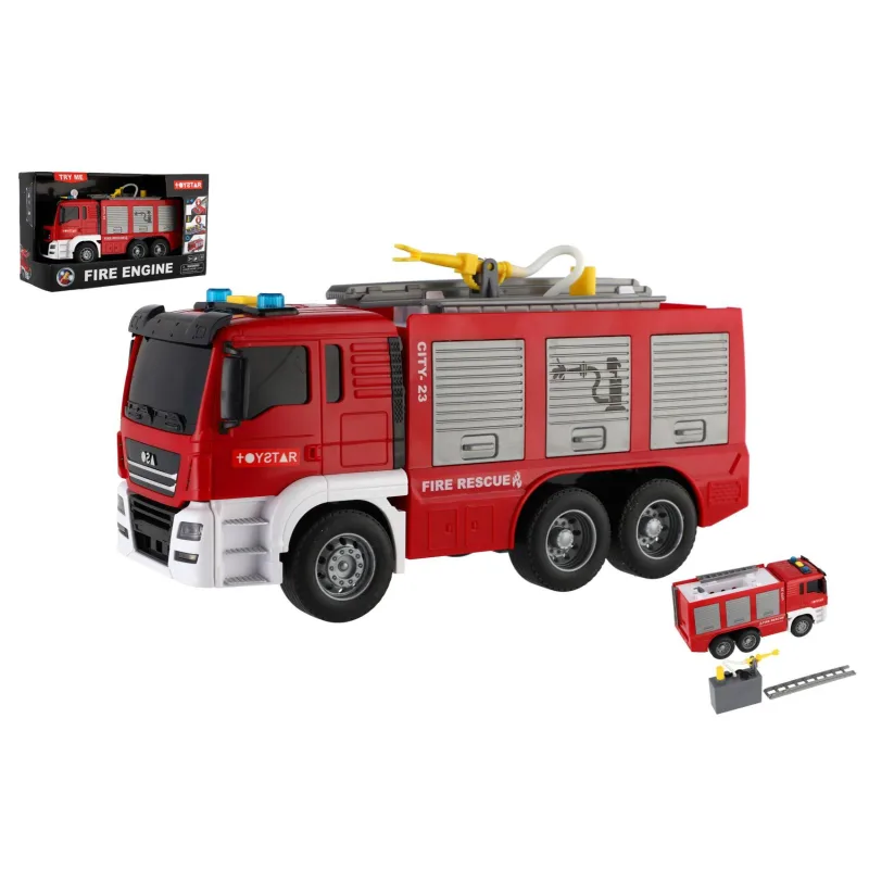 Teddies Auto hasičské plastové 25cm na zotrvačník na batérie so svetlom so zvukom v krabici 31x19cm