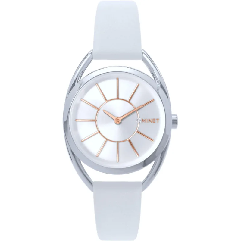 Strieborné dámske hodinky ICON SILVER s bielym koženým remienkom MINET MWL5237
