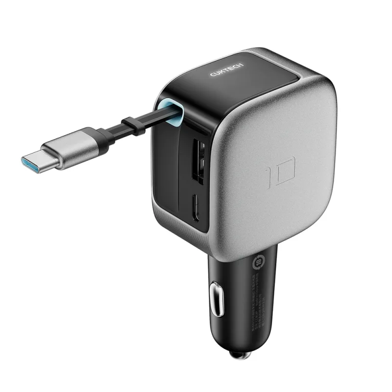 Cuktech CC903P 100 W nabíjačka do auta s displejom a 70 cm navíjacím káblom USB-C – sivá