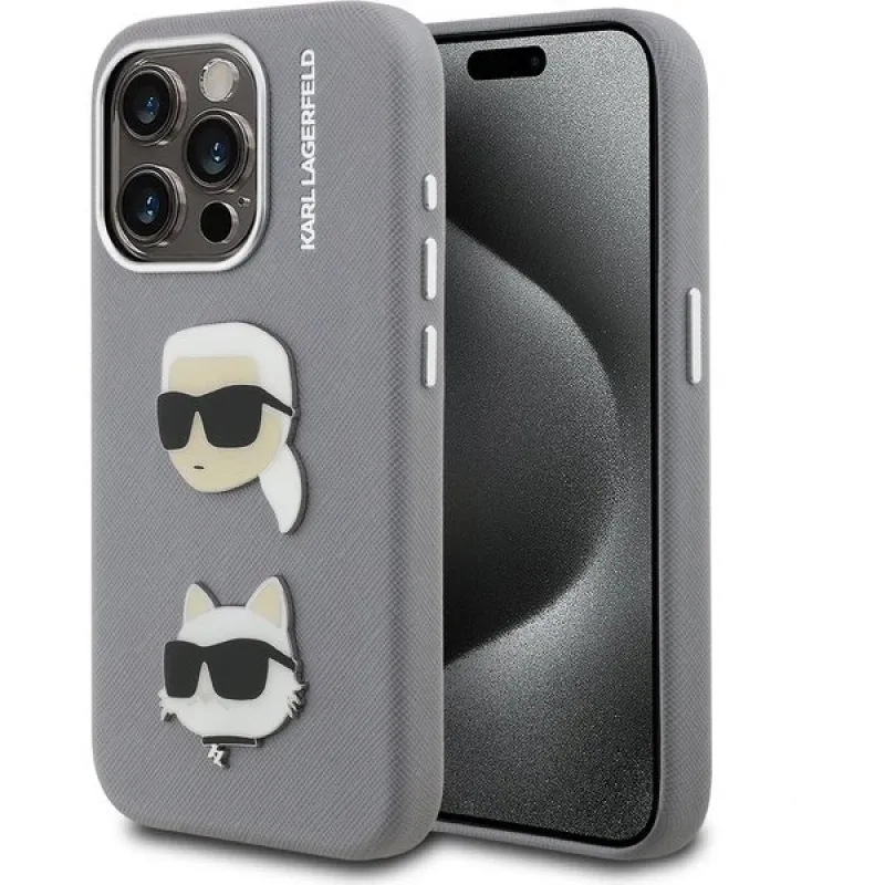 Karl Lagerfeld Grained PU K&CH Heads kryt iPhone 15 Pro šedý