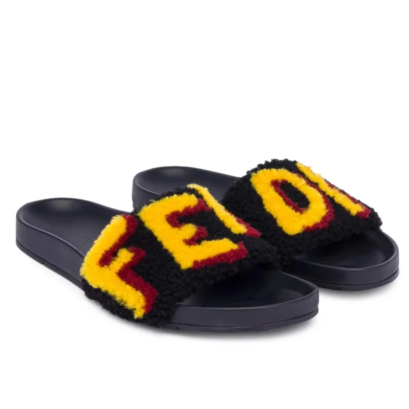 Fendi Shearling Logo Slides Rubber Fur Black - 43