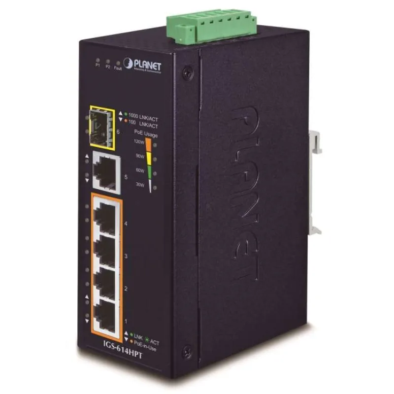Planet IGS-614HPT Průmyslový PoE Switch 5x 1000Base-T, 1x SFP, 4x PoE 802.3at, -40~+75°C, 12-56VDC, dual-power, DIN (IGS-614HPT)