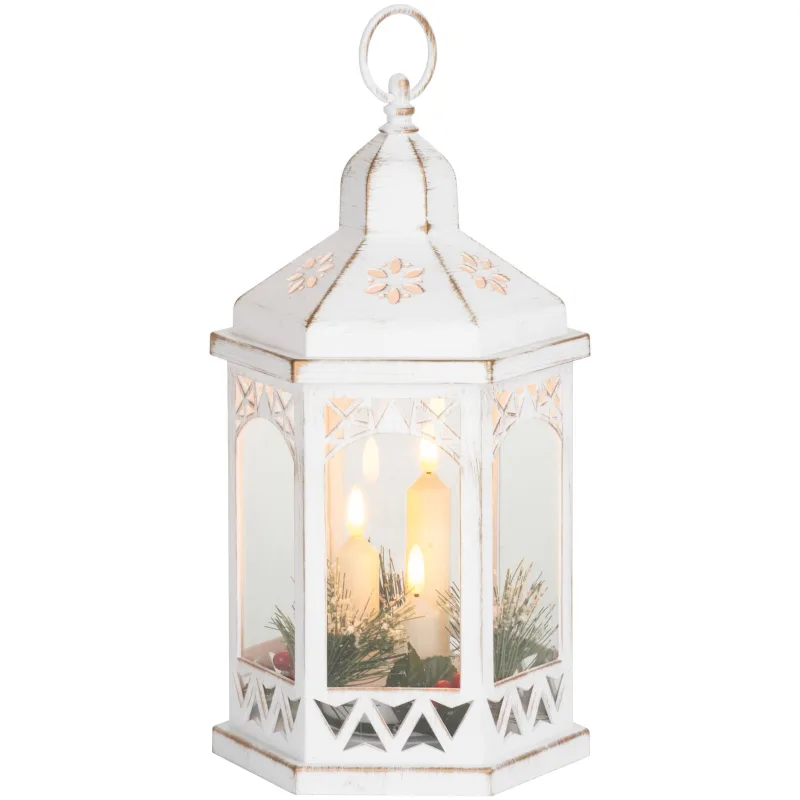 Lampáš MagicHome Morocco, biely, LED sviečky, 3xAAA, časovač, 18x15x32 cm