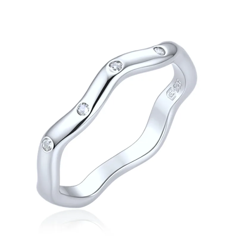 Elegantný vlnitý strieborný prsteň s bielym zirkónom MINET JMAS0358SR, 50, 1.85 g