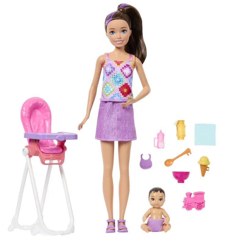 Mattel Barbie SKIPPER BABYSITTER pestúnka s jedálnou stoličkou