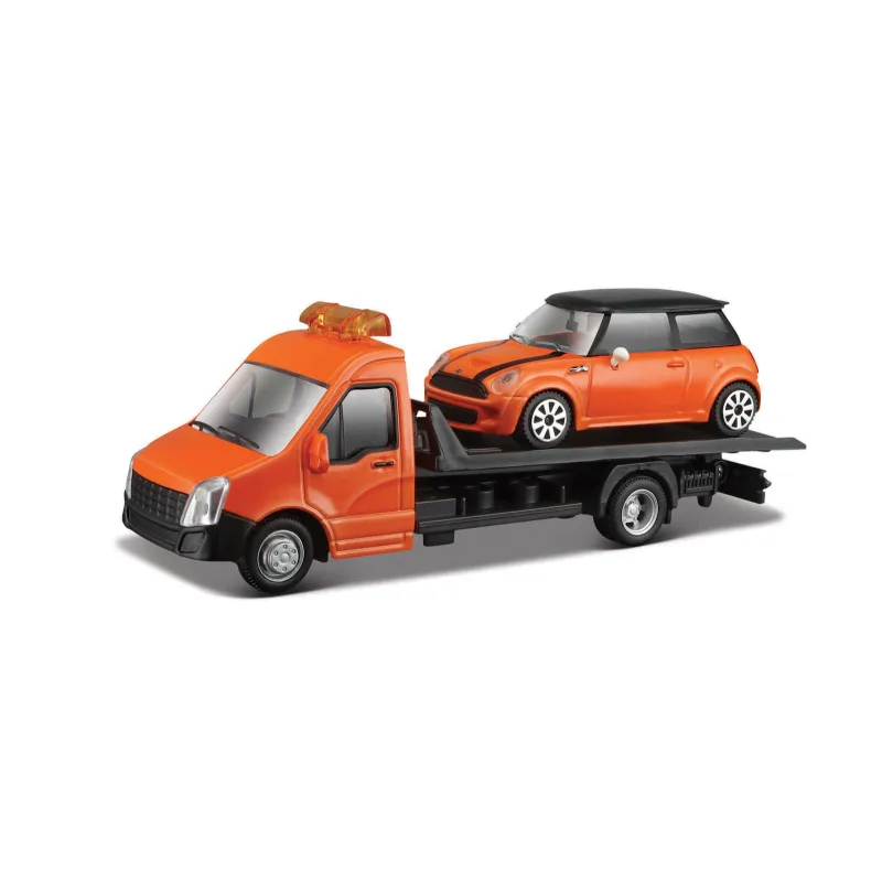 Bburago – STREET FIRE, Prepravné vozidlo Flatbed Transport + MINI COOPER S, 1:43