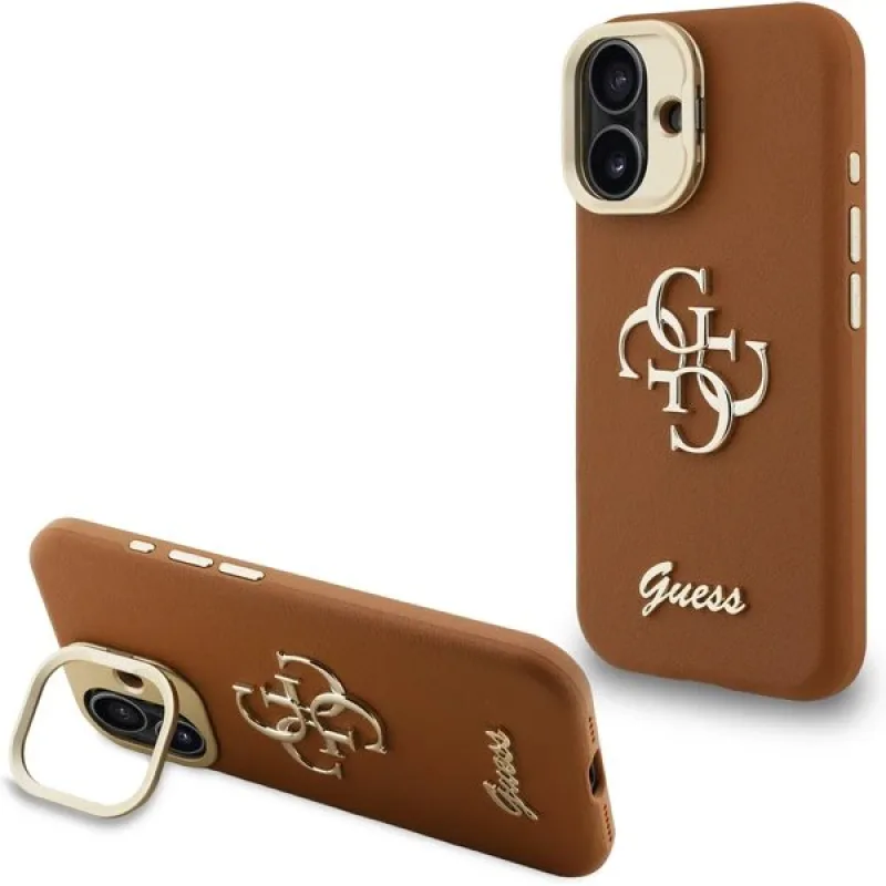 Guess PU Grained 4G Logo Stand Camera Frame kryt iPhone 16 hnedý