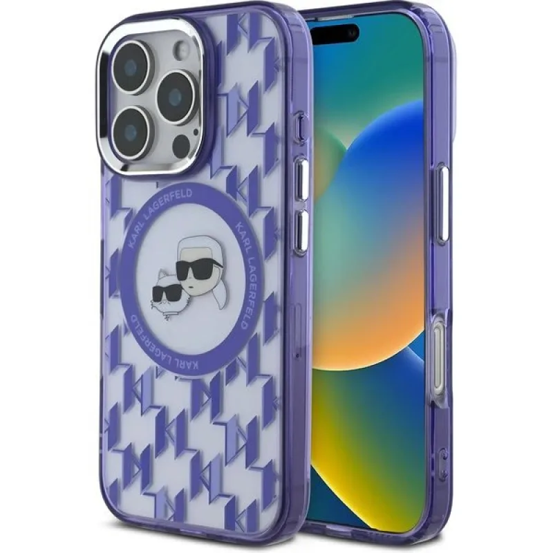 Karl Lagerfeld IML Monogram K&CH Heads MagSafe kryt iPhone 16 Pro fialový