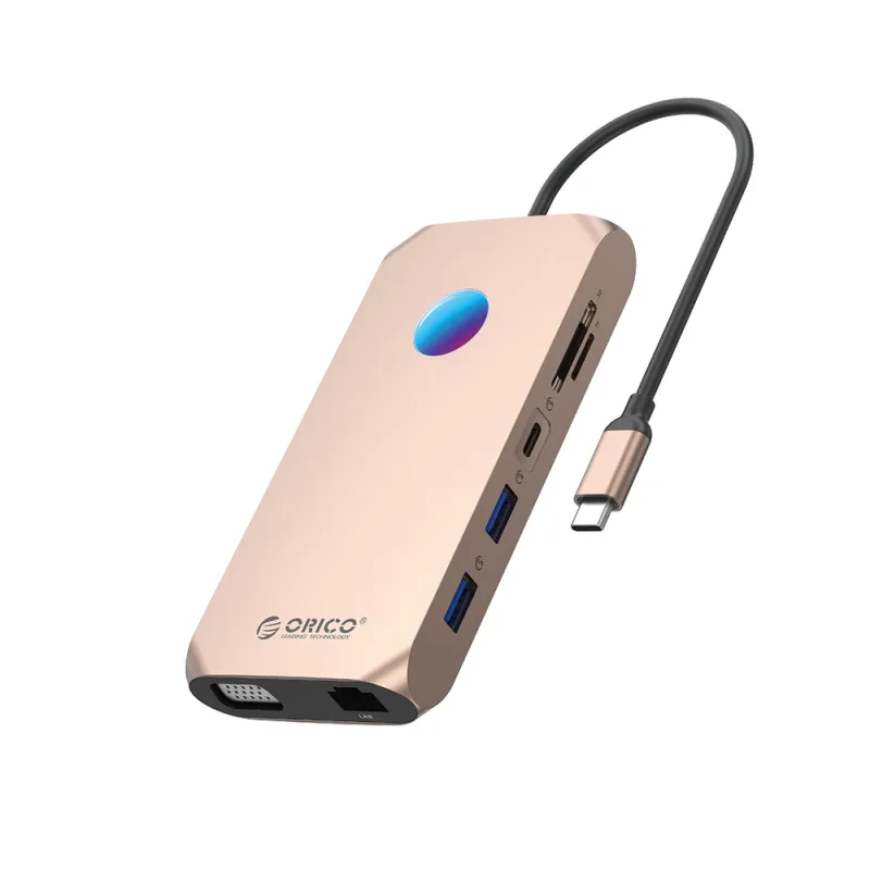 Orico XCR 12v1 RGB USB-C dokovacia stanica 3x USB-A 3.1 1x USB-A 2.0 1x USB-C PD 100W 1x USB-C 3.1 1x HDMI 1.4 4K 30 Hz 1x VGA 1080p 1x microSD/CTx Et