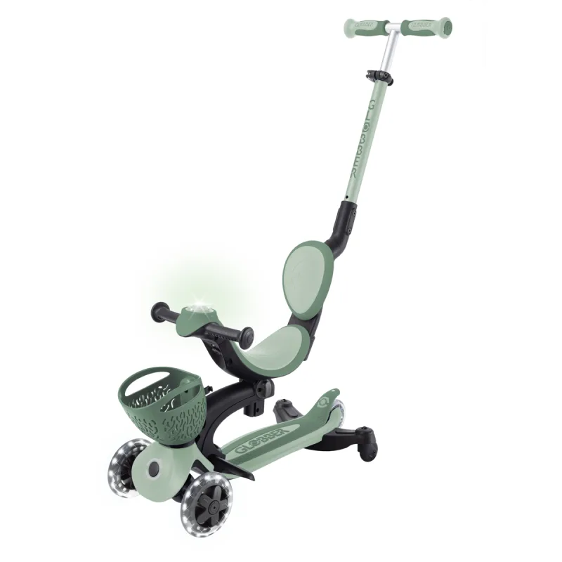 GLOBBER Kolobežka Go Up Baby Lights so sedadlom 3 v 1, šalviová zelená