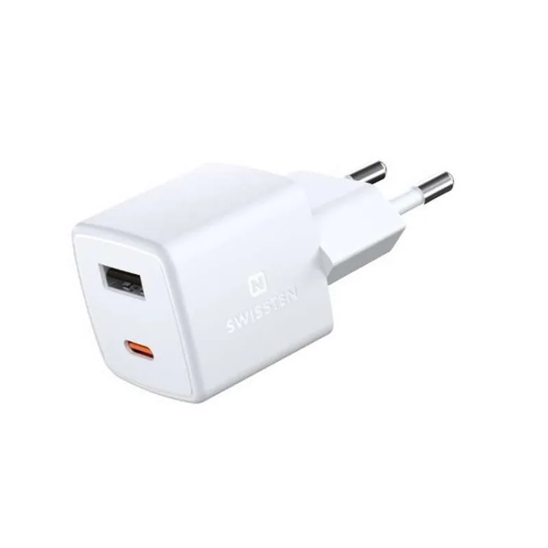 Swissten Síťový Adaptér GaN 1x USB-C + 1xUSB 30W PD mini 3x3x3 cm Bilý (22056100)