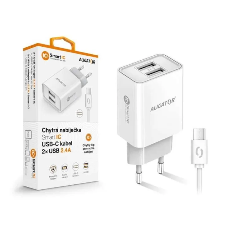 Múdra sieťová nabíjačka ALIGATOR 2,4A, 2xUSB, smart IC, biela, USB-C kábel (CHA0043)