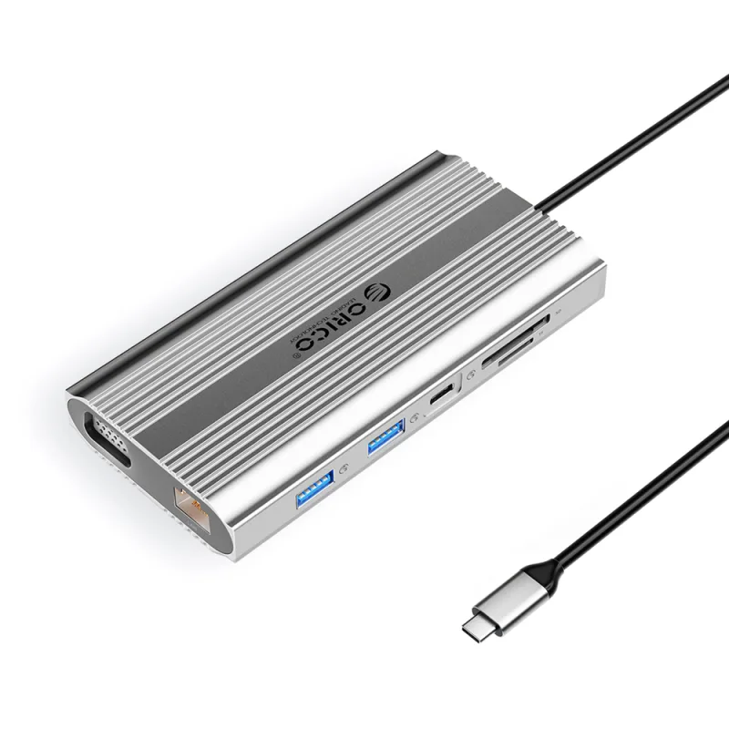 Orico XDR 12v1 USB-C dokovacia stanica USB-A USB-C HDMI 4K VGA RJ45 Gigabit PD 100W čítačka kariet SD a microSD – strieborná