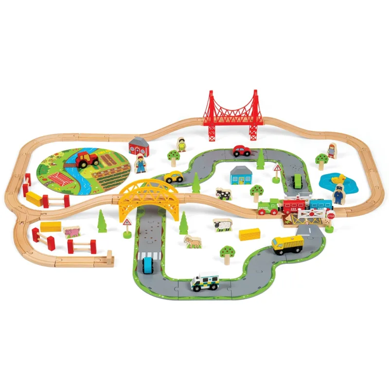 Bigjigs Rail Bigjigs Rail Drevená vláčiková dráha s vidieckou cestou 80 dielov - poškodený obal