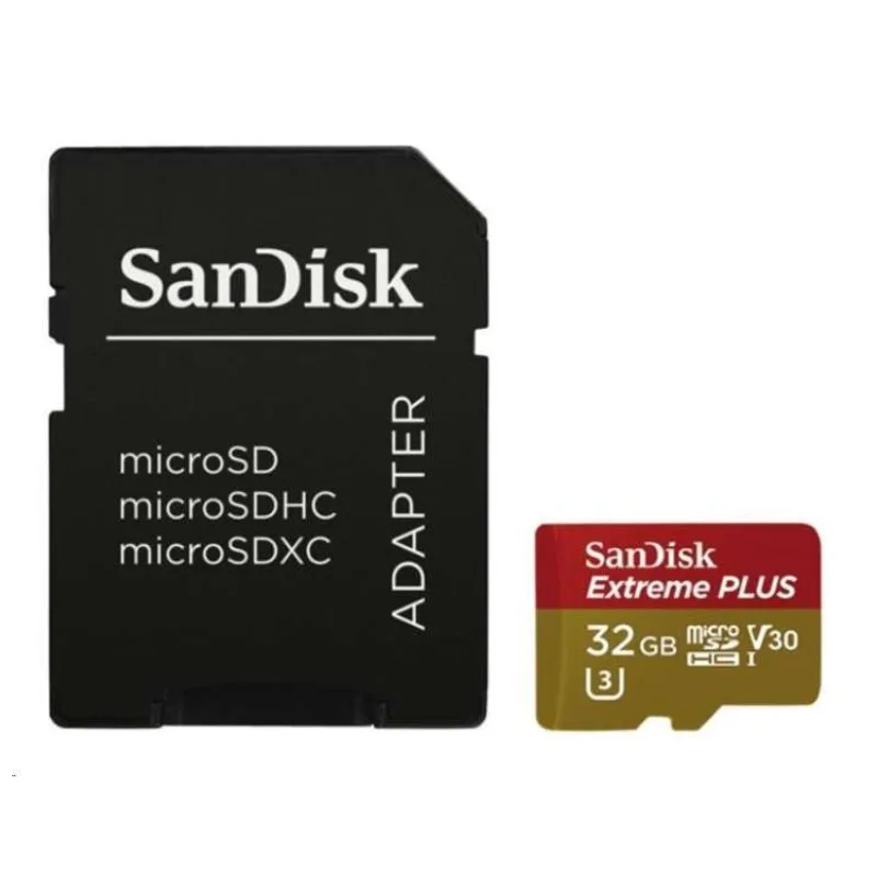 SanDisk MicroSDHC karta 32GB Extreme PLUS (R100/W90MB/s, UHS-I V30, Rescue Pro Deluxe) + adaptér (SDSQXBO-032G-GU6MA)