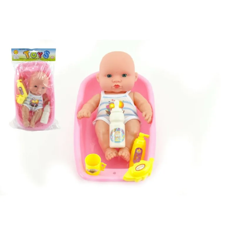 Teddies Bábätko plast 18cm s doplnkami vo vaničke v sáčku