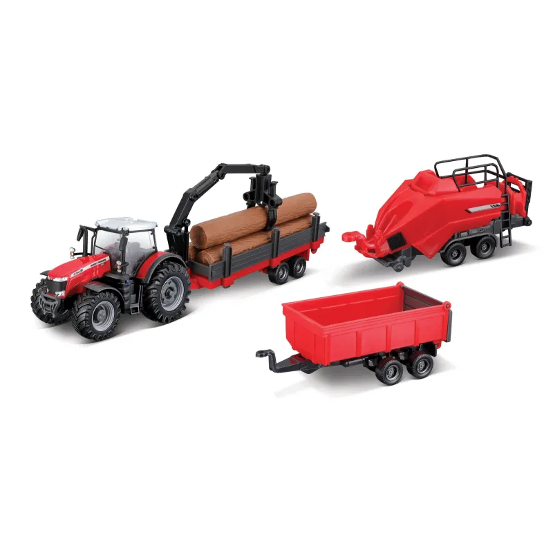 Bburago - FARMLAND, Set Massey Ferguson 8740S s tromi prívesmi, 10 cm