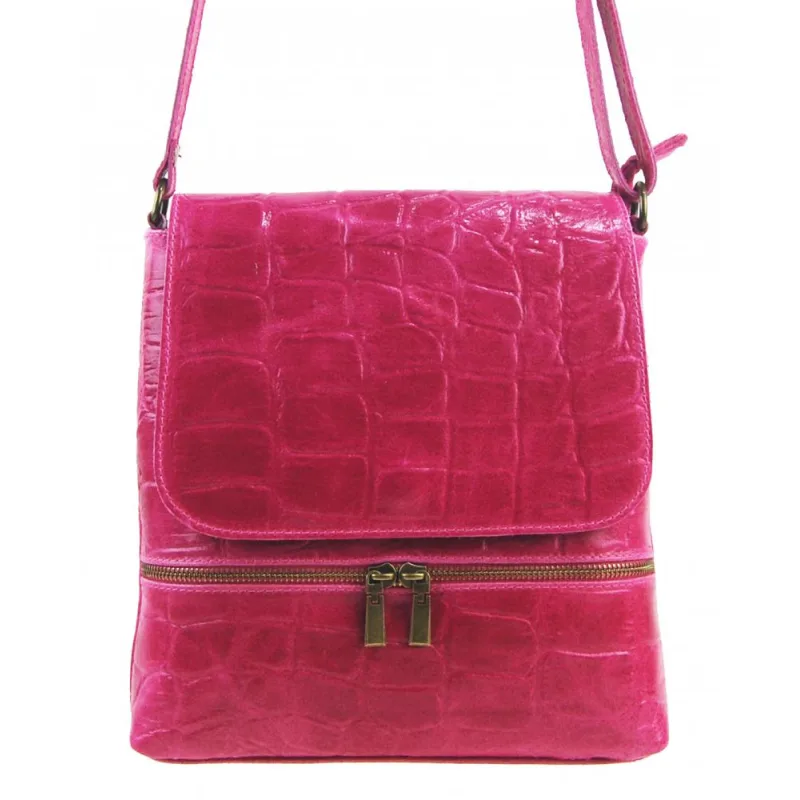 BORSE IN PELLE Kožená dámska crossbody kabelka v kroko dizajne fuchsiová ružová
