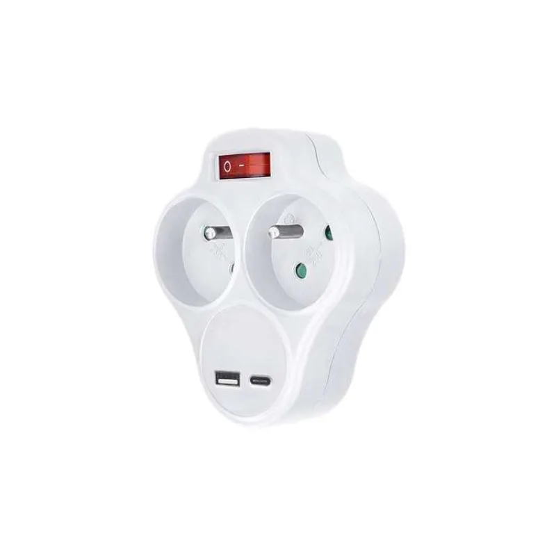 Solight Rozbočovač s USB A+C nabíjačkou, 2 x 10A, biely, vypínač (P99USBC)
