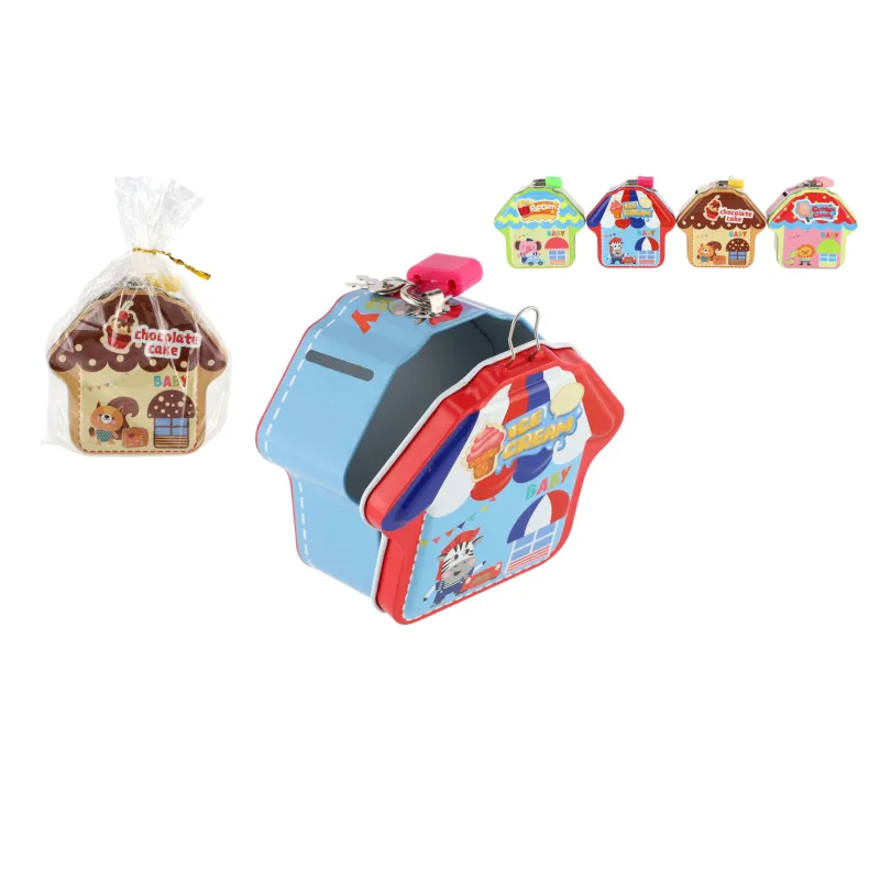 Teddies Pokladnička chalúpka plechová so zámkom 10x10cm 4 farby v sáčku