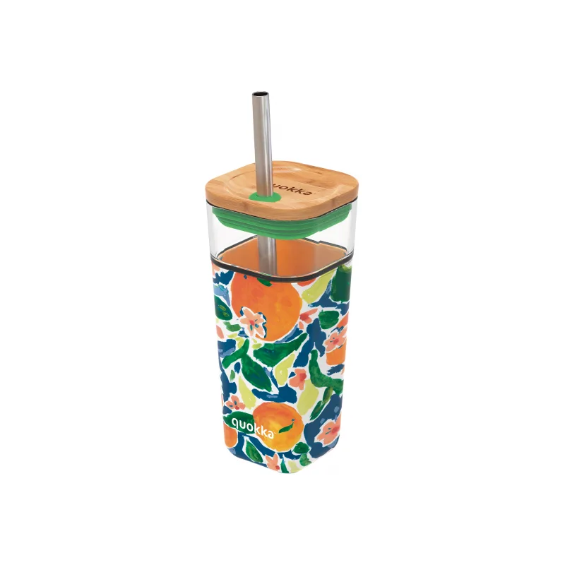 Quokka Sklenený cestovný hrnček so slamkou Liquid Cube Oranges 540 ml