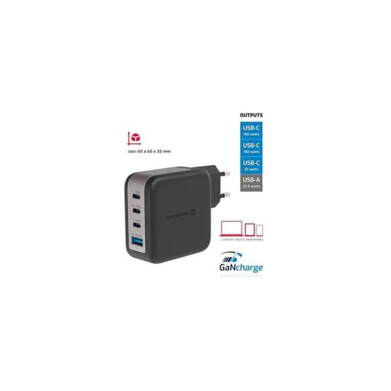 Swissten síťový adaptér gan 3x usb-c 100w pd + 1x usb-a 18w qc černý (22071600)
