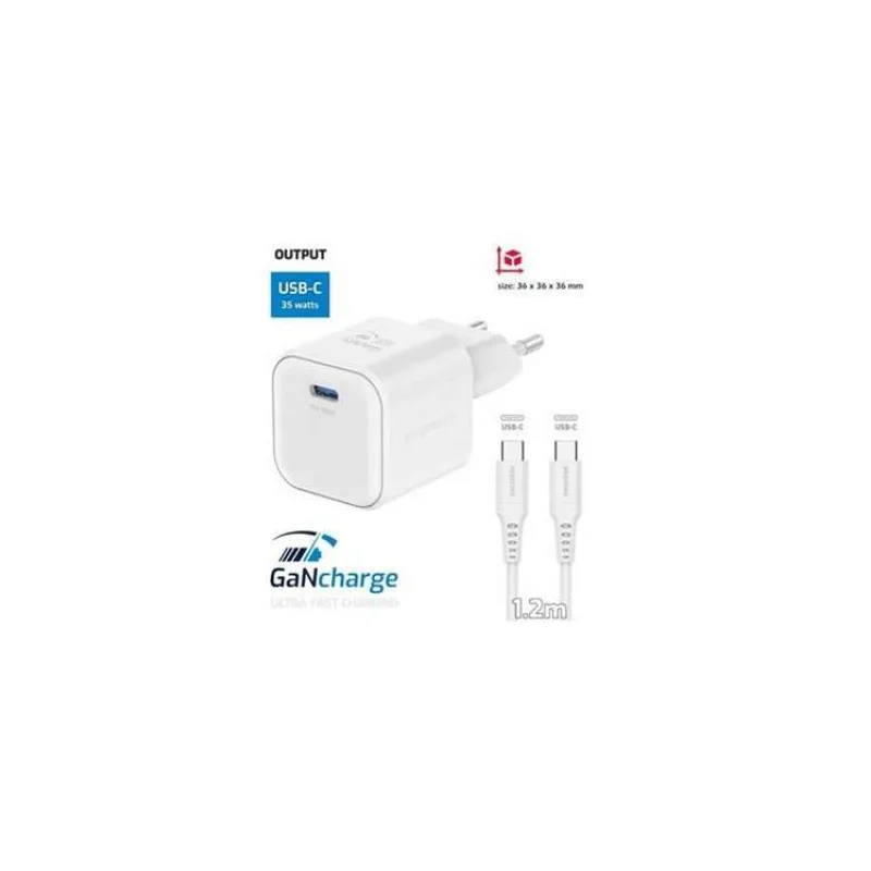 Swissten síťový adaptér gan 1x usb-c 35w power delivery bílý + datový kabel usb-c/usb-c 1,2 m bílý (22070220)