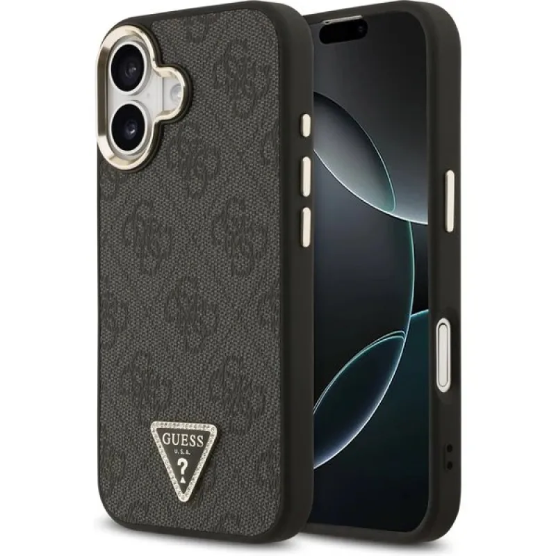 Guess PU Leather 4G Strass Triangle Logo Gold Frame MagSafe kryt iPhone 17 čierny