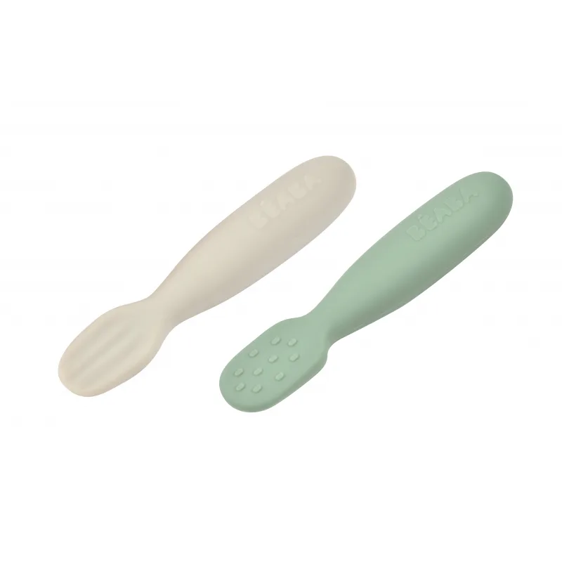 Beaba Prvé trénovacie lyžičky silikónové Sage Green / Velvet Grey