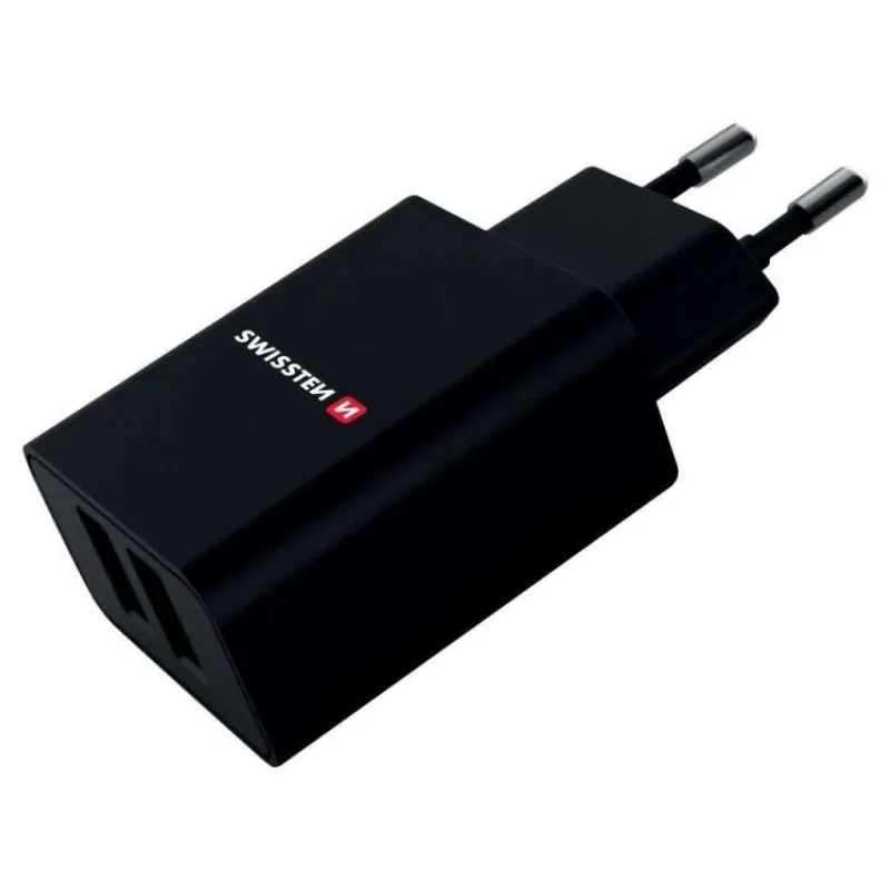 SWISSTEN SÍŤOVÝ ADAPTÉR SMART IC, CE 2x USB 2,1 A POWER ČERNÝ + DATOVÝ KABEL SWISSTEN USB / LIGHTNING 1,2 M ČERNÝ (22058000)