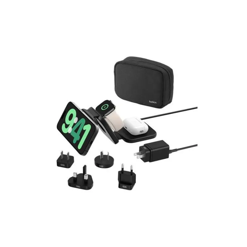 Belkin BOOST CHARGE™ PRO Qi2 3v1 Bezdrátová skládací cestovní podložka pro iPhone/Apple Watch/AirPods, černá + adaptéry (WIZ024hqBK)