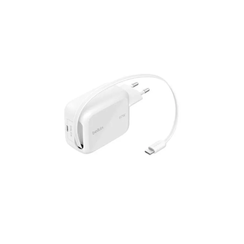 Belkin BOOST CHARGE™ PRO Duální 67W USB-C Power Delivery GaN PPS nástěnná nabíječka + 1m zatahovací USB-C kabel, bílá (WCH022kqWH)