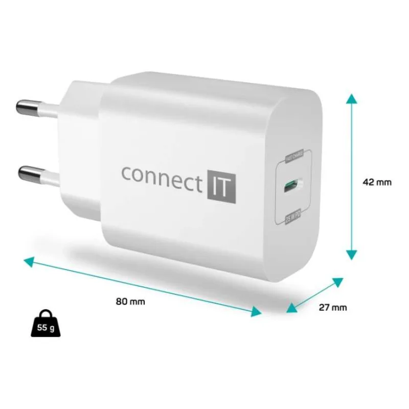 CONNECT IT Voyager2 nabíjecí adaptér 1×USB-C, 25W PD, BÍLÝ (CWC-2070-WH)