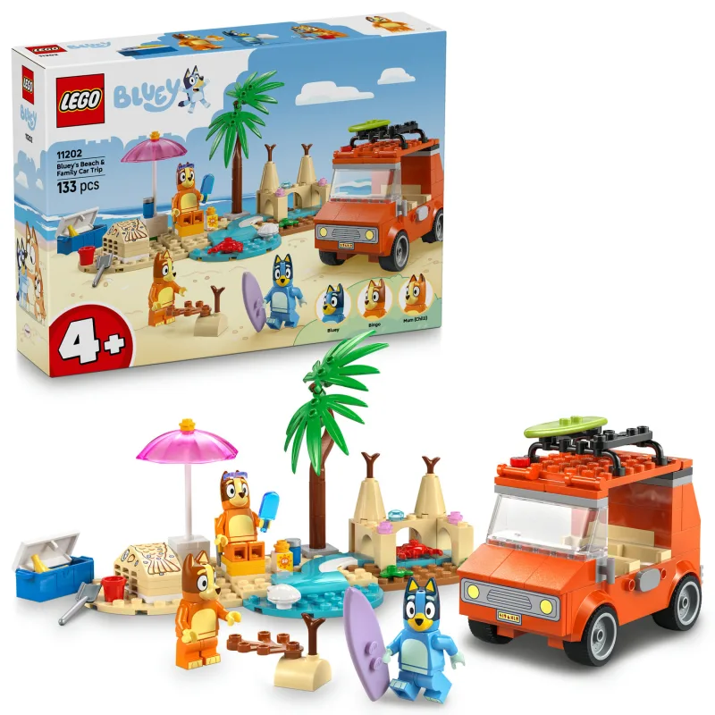 Lego Bluey a rodinný výlet autom na pláž
