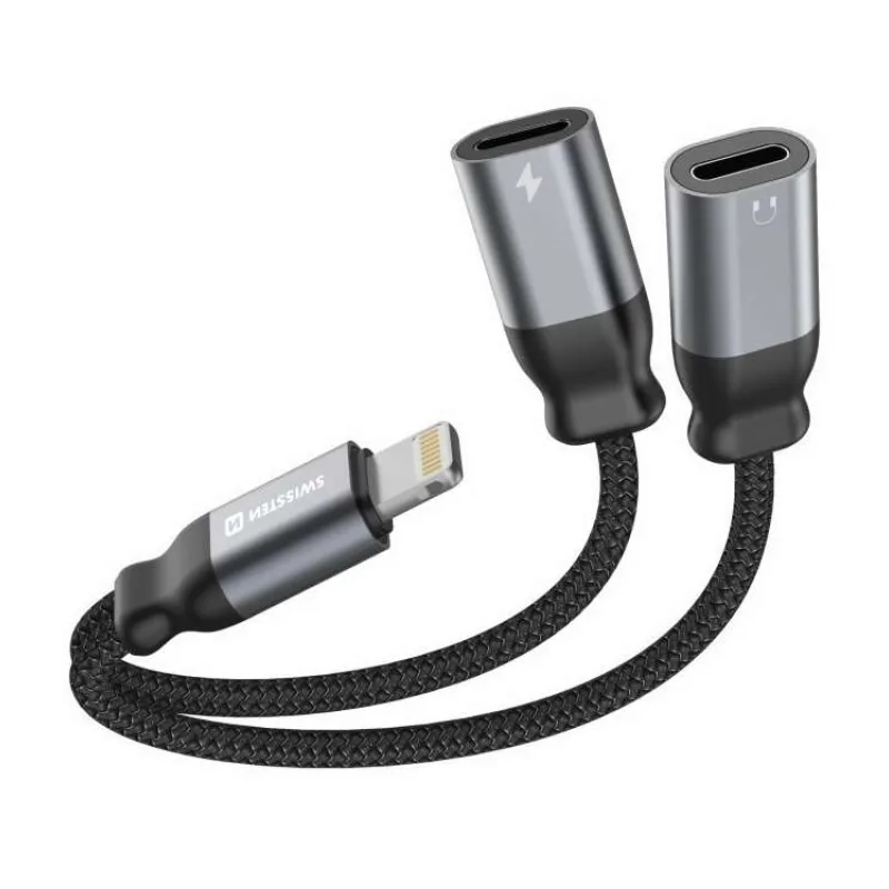 SWISSTEN NABÍJECÍ AUDIO ADAPTÉR TEXTILE LIGHTNING (samec) / 2x LIGHTNING (samice) 0,12 M ČERNÝ (73502303)
