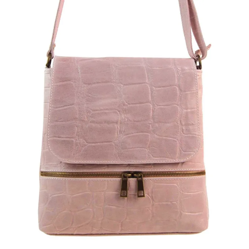 BORSE IN PELLE Kožená dámska crossbody kabelka v kroko dizajne ružová