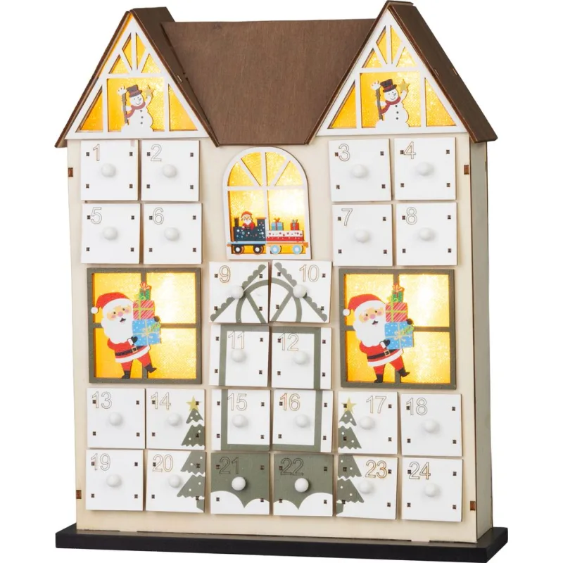 Dekorácia MagicHome Vianoce, Adventný kalendár Domček, drevený, 8xLED, teplá biela, 2xAAA, IP20, 26x7x32 cm