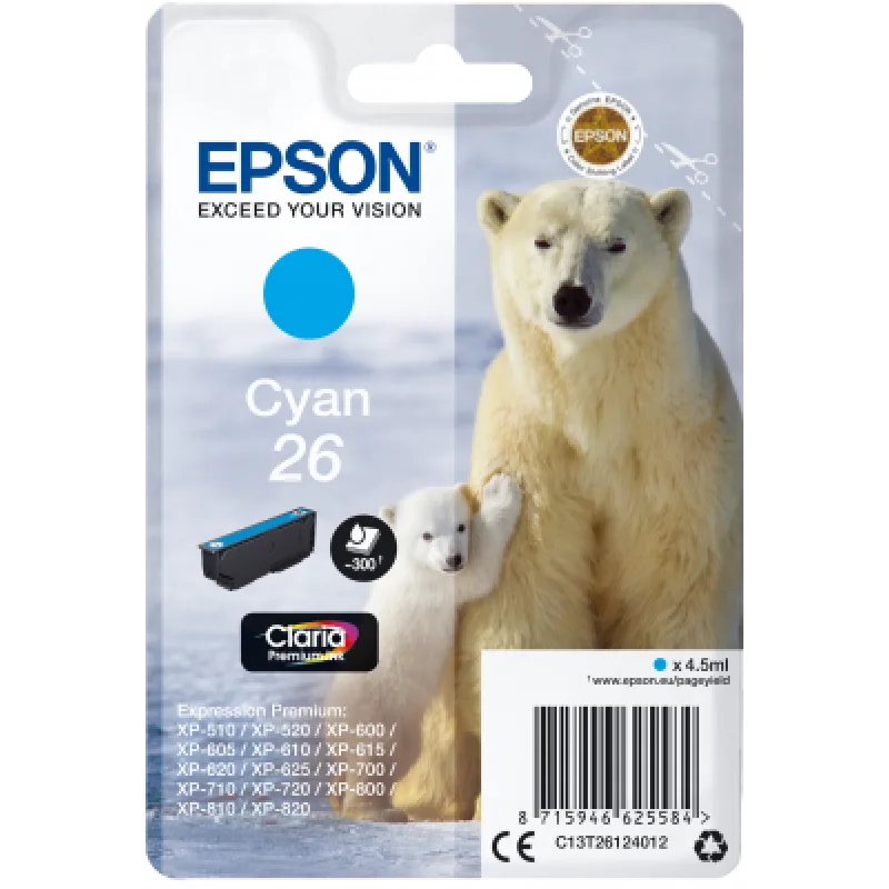 Epson Singlepack Cyan 26 Claria Premium Ink C13T26124012