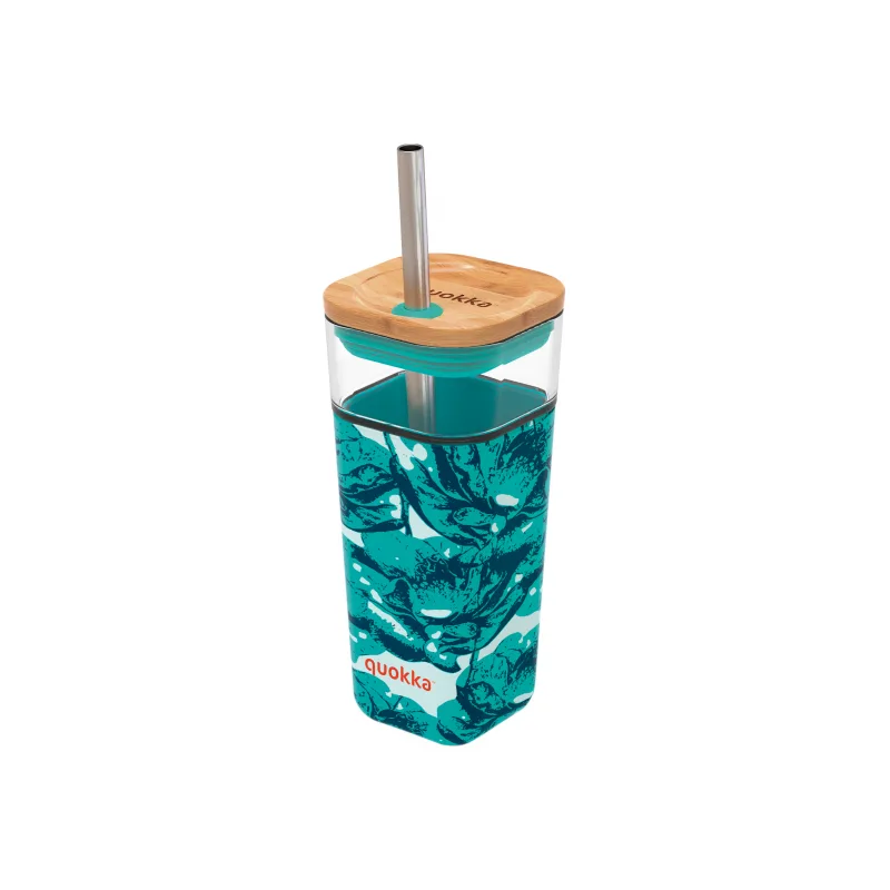 Quokka Sklenený cestovný hrnček so slamkou Liquid Cube Water Flowers 540 ml