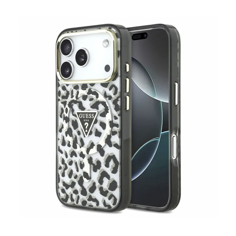 Guess IML Glitter Leopard Triangle Logo MagSafe kryt iPhone 18 Pro čierny…