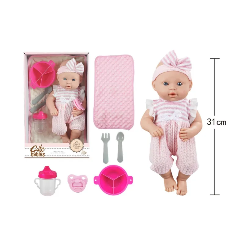Teddies Bábätko s doplnkami 28 cm pevné telo v krabici 22x36x10 cm