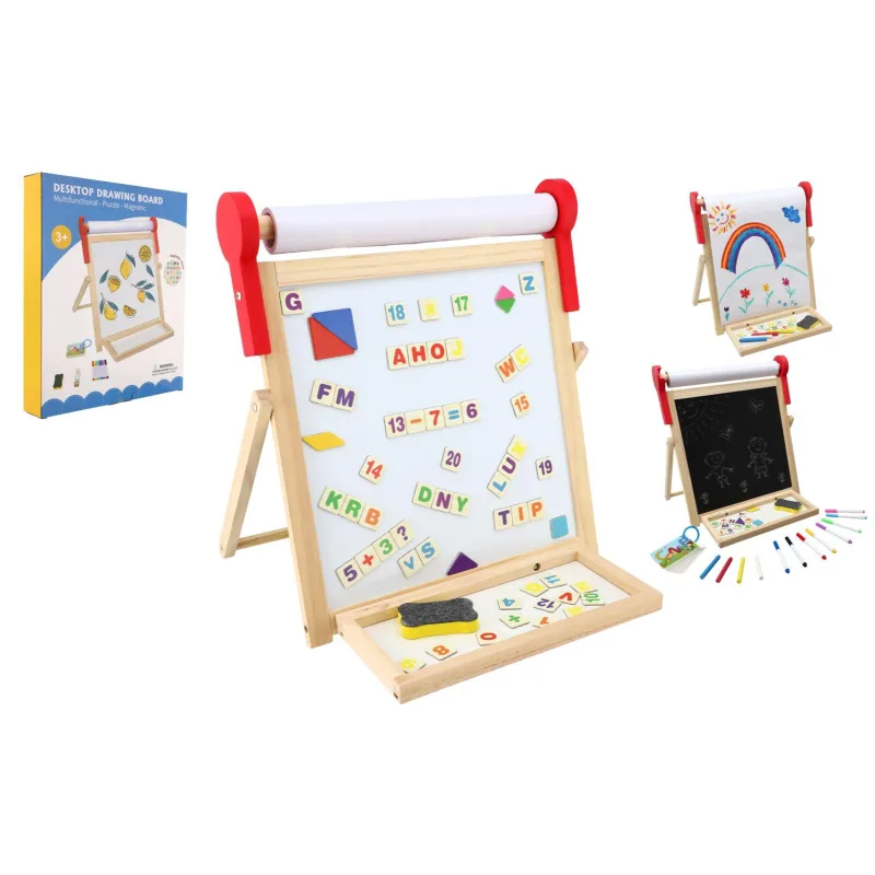 Teddies Tabuľa obojstranná magnetická drevo čierna/biela 33x33cm s rolkou papiera s doplnkami v krabici 37x43cm