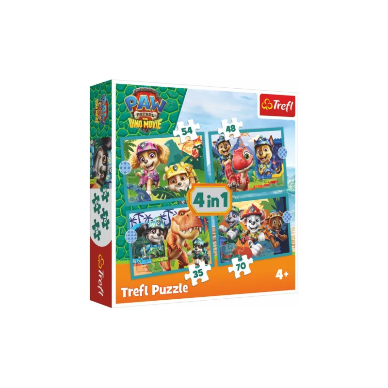 Trefl Puzzle 4v1 Labková patrola/Paw Patrol Dino Movie: Príbehy z ostrova dinosaurov v krabici 28x28x6cm