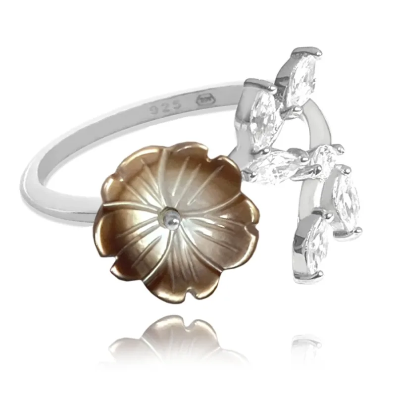 Čierny rozkvitnutý strieborný prsteň Flowers so zirkónmi MINET JMAS5055BR, 52