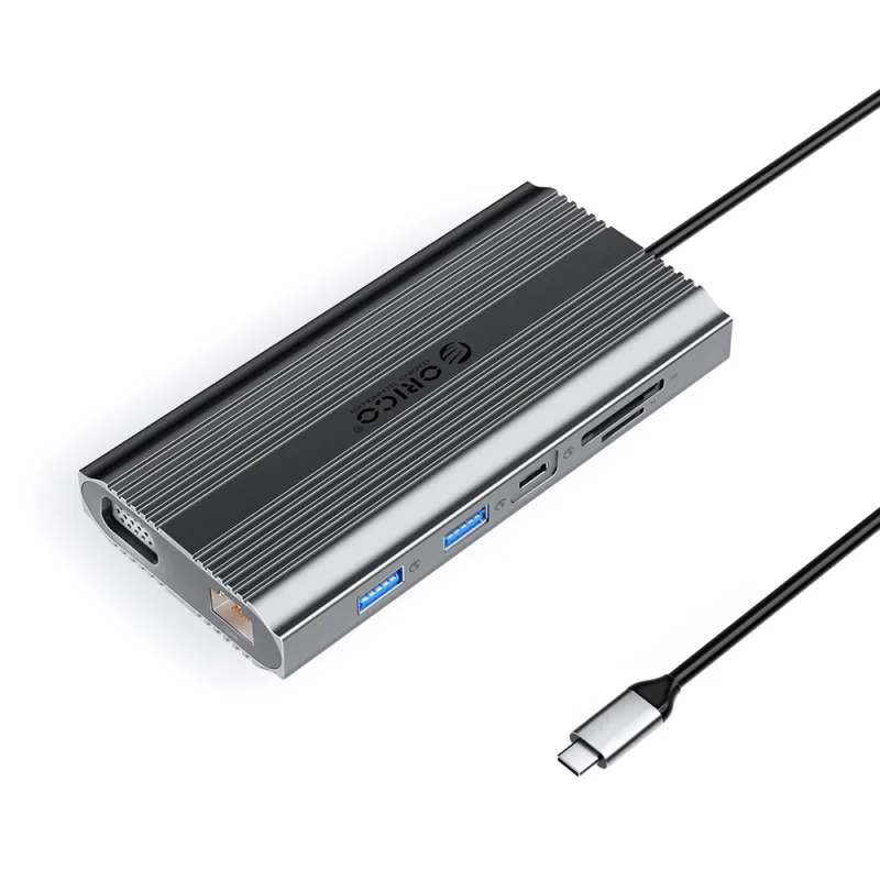 Orico XDR 12v1 USB-C dokovacia stanica USB-A USB-C HDMI 4K VGA RJ45 Gigabit PD 100W čítačka kariet SD a microSD - šedá
