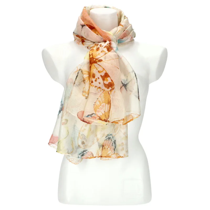 Cashmere Dámska letná farebná šatka v motíve motýľov 173x71 cm béžová