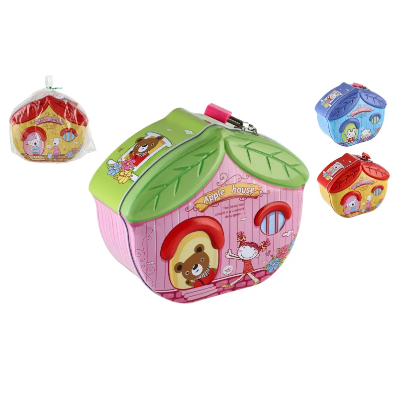 Teddies Pokladnička domček plechová so zámkom 16x8cm 3 farby v sáčku